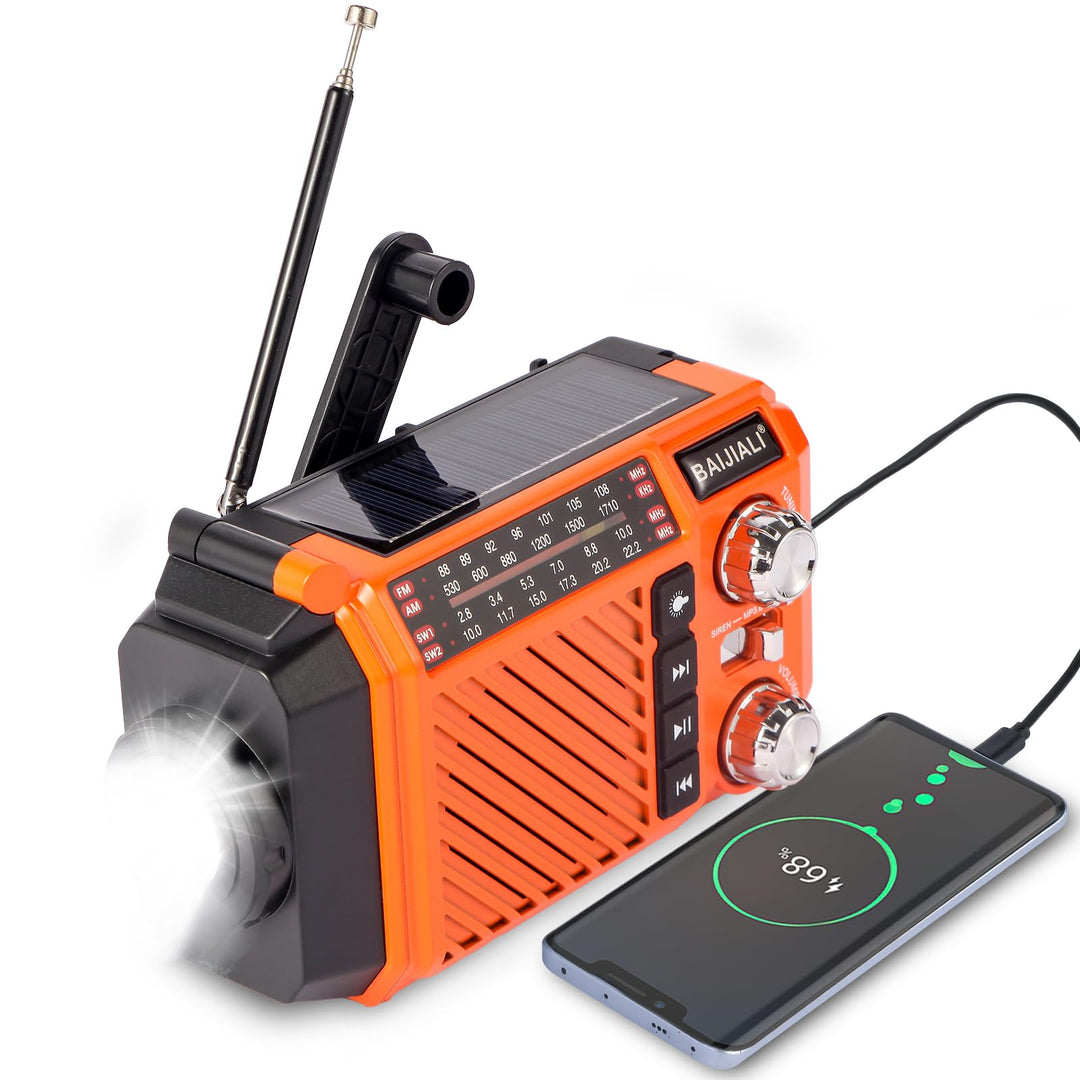 Kurbelradio Notfallradio mit 2600mAh Powerbank, Solar & USB-C Ladung, AM/FM/SW Weltempfänger, LED-Ta