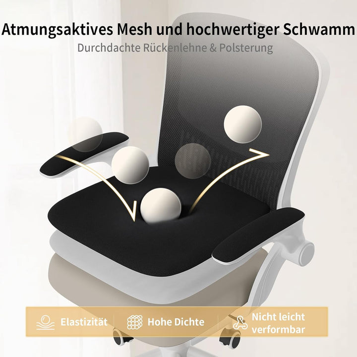 naspaluro Ergonomischer Bürostuhl, Schreibtischstuhl mit 90° Klappbaren Armlehnen, Einzigartige Lend