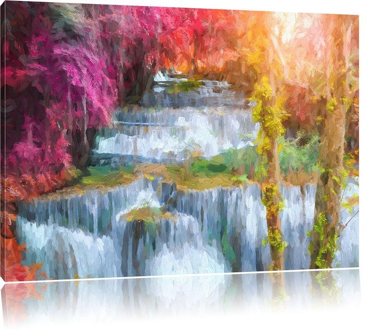 Pixxprint Wasserfall im Regenwald / 100x70cm Leinwandbild bespannt auf Holzrahmen/Wandbild Kunstdruc
