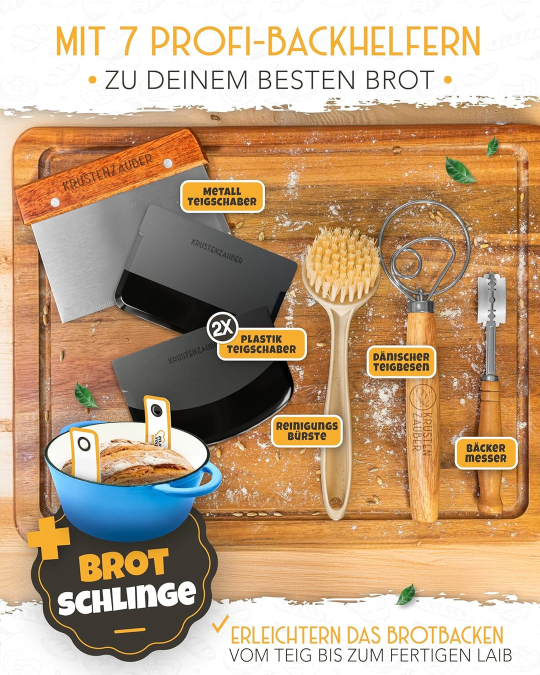 Gusseisen Topf Brot Backen emailliert im XXL Set - Brotbackform mit Deckel inkl Gärkorb, Schneebesen