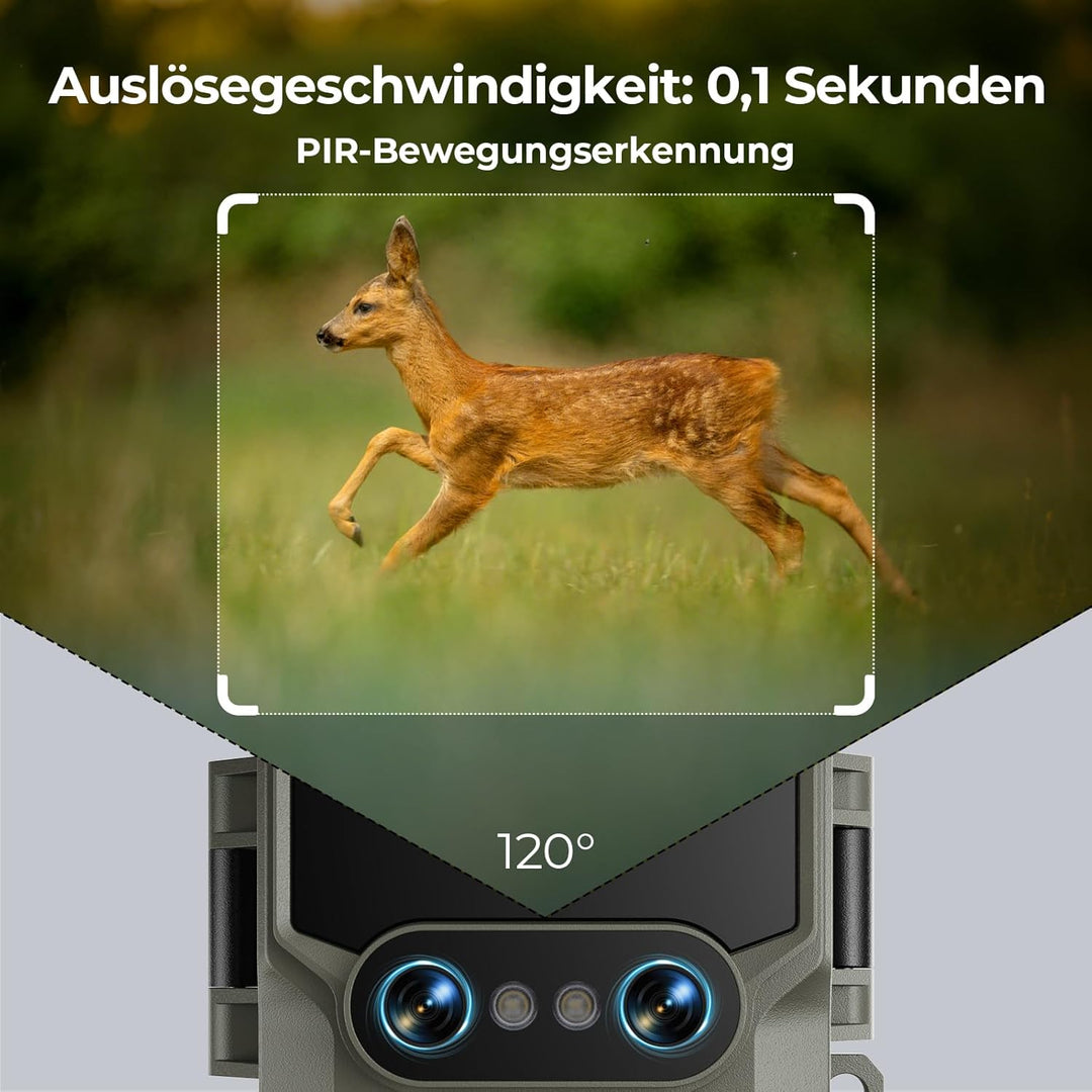 WOLFANG Wildkamera, 64 MP WLAN mit Handyübertragung-App, 4K Doppellinse Video Wildtierkamera mit Bew