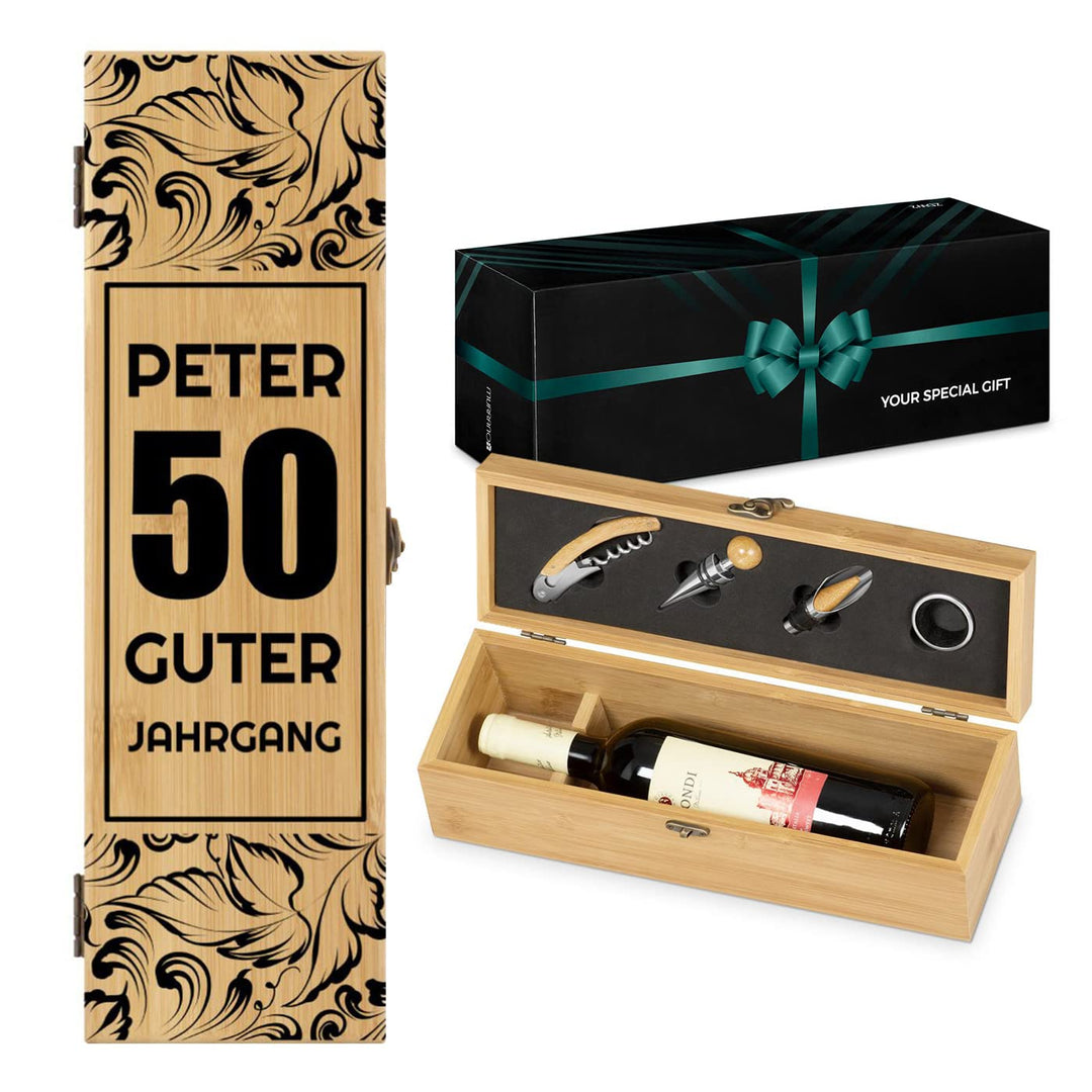 Maverton Wein Geschenkbox für 0,7L Weinflasche + Aufdruck + 4er Weinzubehör - Weinset aus Bambus - 3