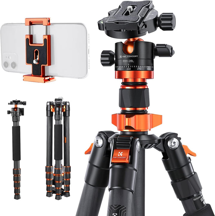 K&F Concept 172cm Carbon Stativ, D255C4(SA255C1) Kompaktes Kamera Handy Stativ, Leichtes Tripod mit