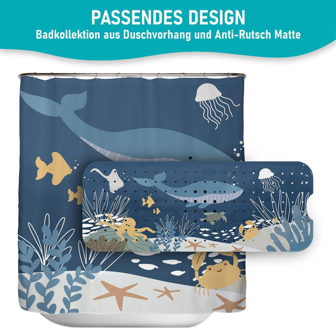 Badewannenmatte 100x40 cm Wasserwelt Blau | Badematte rutschfest | Inkl. Aufhängung | Schimmelresist
