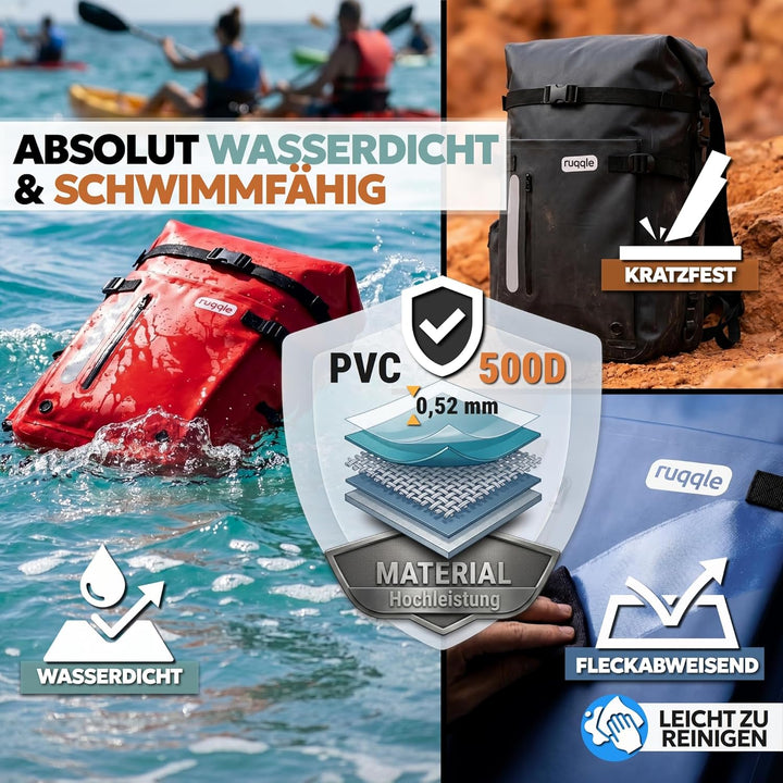 Ruqqle Wasserdichter Rucksack, vielseitig, wasserdicht Tasche, Dry Bag 20/30/45 l, mit 3 Aussentasch