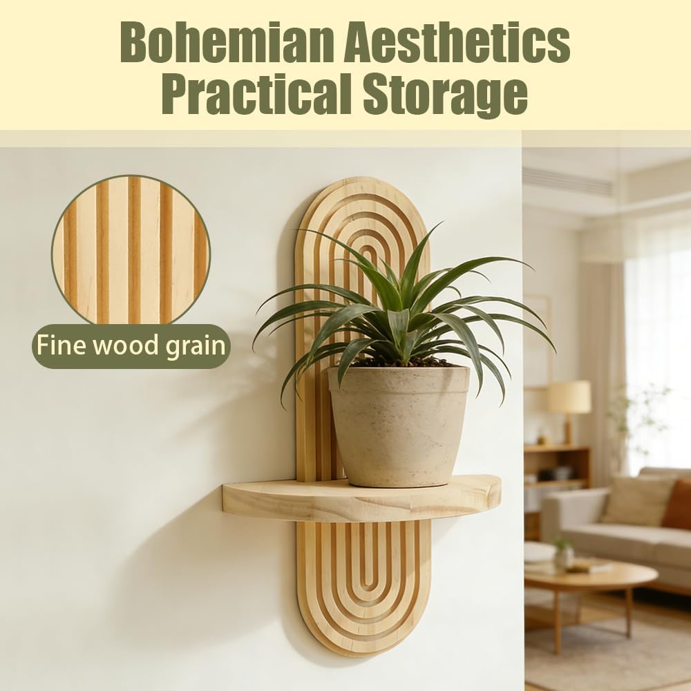 Boho Wandregal aus Holz, Ovale Pflanzenhalter Wanddekoration mit Metallakzenten, Blumenkasten für Su
