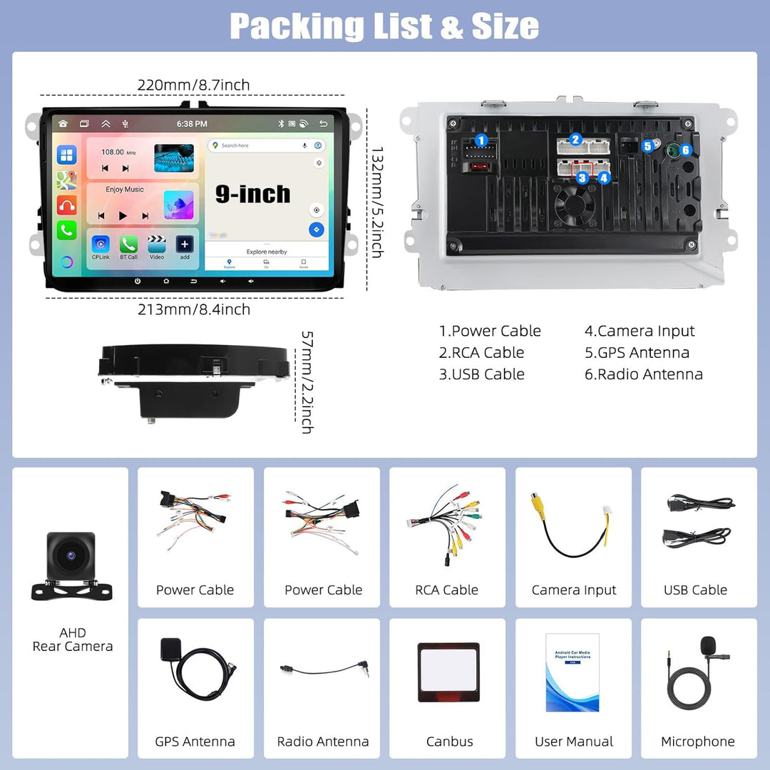 [8 Core 4G+64G] CAMECHO Autoradio Android 13 für VW Golf 5 6 Polo Skoda Passat mit Wireless Carplay