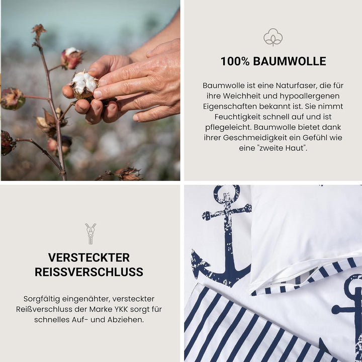 Schiesser Wende-Bettwäsche-Set Marina aus weicher Baumwolle in maritimem Look, Farbe:Weiss und Marin