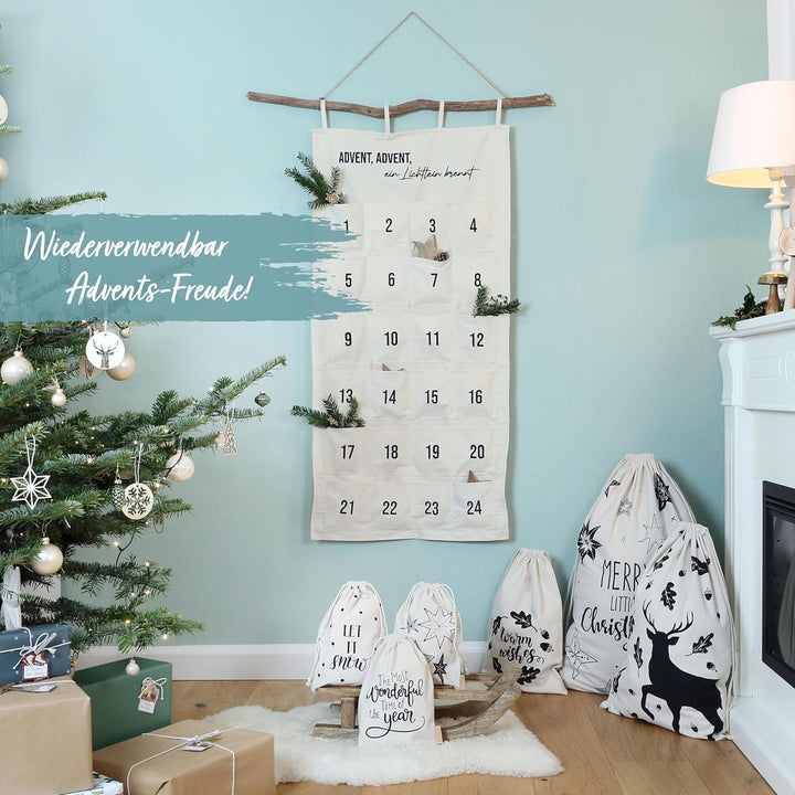 Papierdrachen 24 Adventskalender aus Stoff zum Befüllen - ein Lichtlein brennt - hochwertig bestickt