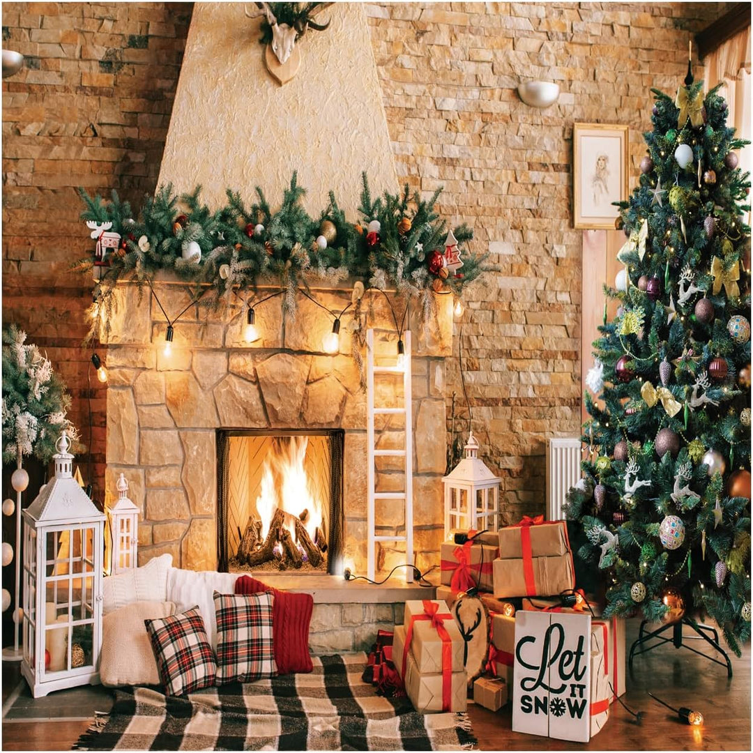 AIIKES 8x8FT Weihnachten Kulissen für Fotografie Weihnachten Kamin Foto Kulissen Vinyl Weihnachtsbau