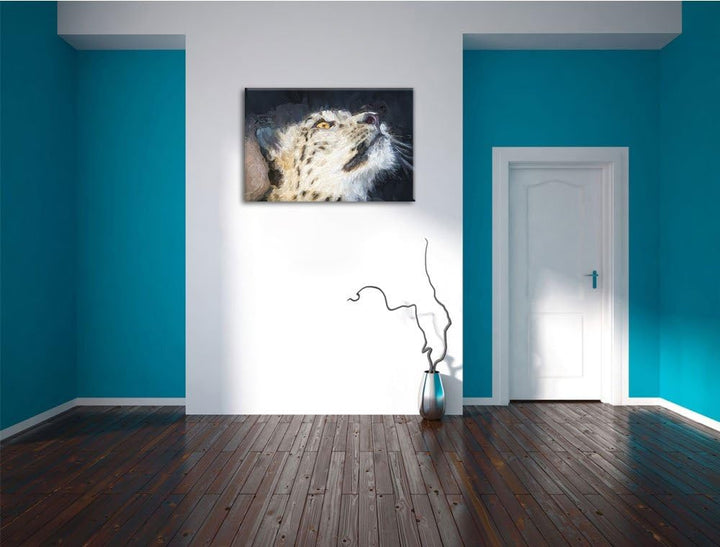 aufschauender Schneeleopard Deluxe Format: 100x70 cm auf Leinwand, XXL riesige Bilder fertig gerahmt