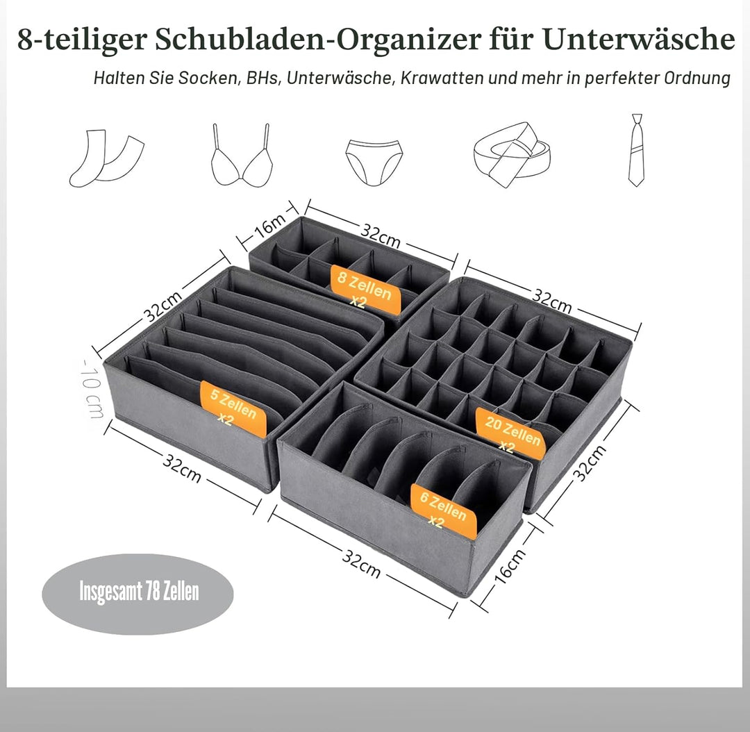 Yucch 8er Set Unterwäsche-Organizer – Faltbare Stoffboxen für Kleiderschrank, platzsparendes Ordnung