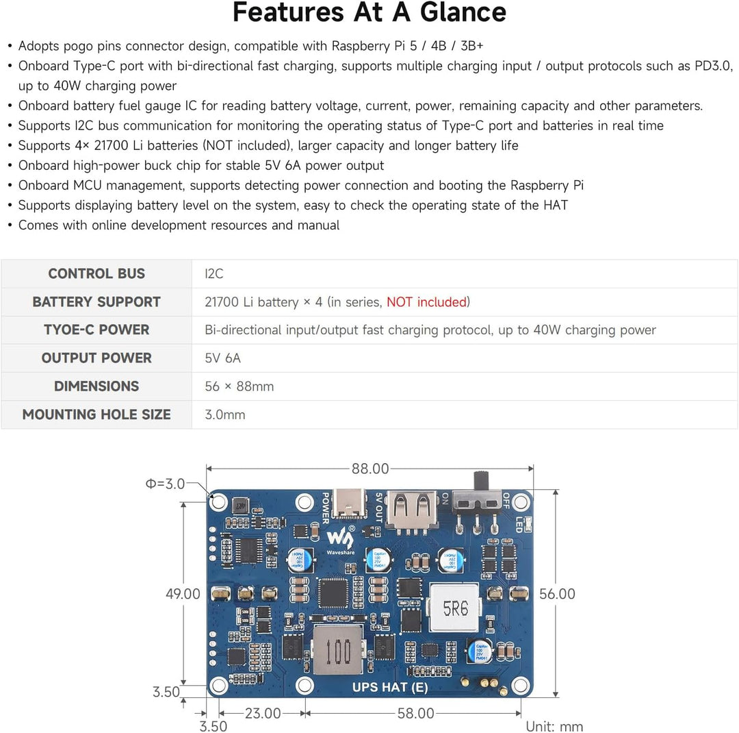 Waveshare UPS HAT (E) for Raspberry Pi 5/4B/3B+, Supports 4× 21700 Li Batt (NOT Included), Bi-Direct