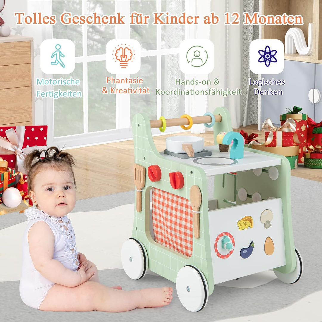 DREAMADE Lauflernwagen Holz, 6-in-1 hölzerne Lauflernhilfe, Baby Walker mit Blöcken & 9 Teilen Zubeh