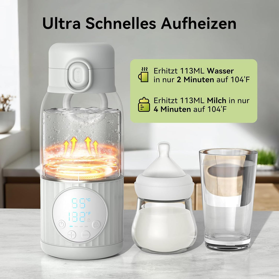 Tragbarer Flaschenwärmer Baby Unterwegs Akku 380ml für Muttermilch Wasser 10000mAh Schnell Aufheizen