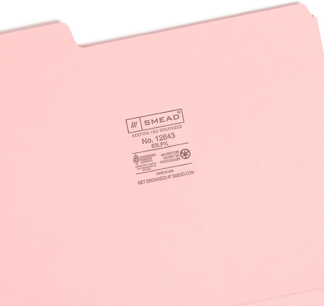 Smead Farbiger Aktenordner, 1/3-Schnitt, Briefgrösse, rosa, 100 Stück pro Box (12643) rose, rose