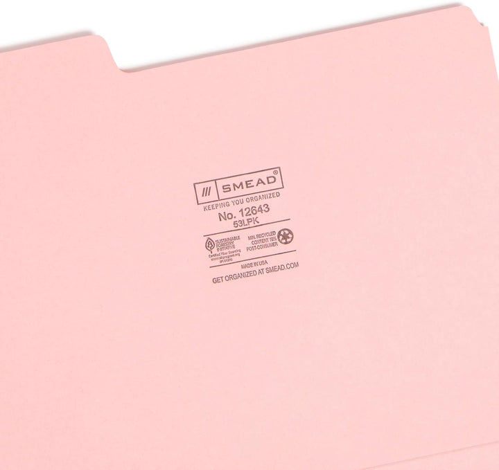 Smead Farbiger Aktenordner, 1/3-Schnitt, Briefgrösse, rosa, 100 Stück pro Box (12643) rose, rose