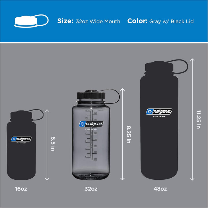 Nalgene Sustain Tritan BPA-freie Wasserflasche aus 50% Plastikabfällen, 900 ml, breite Öffnung, grau