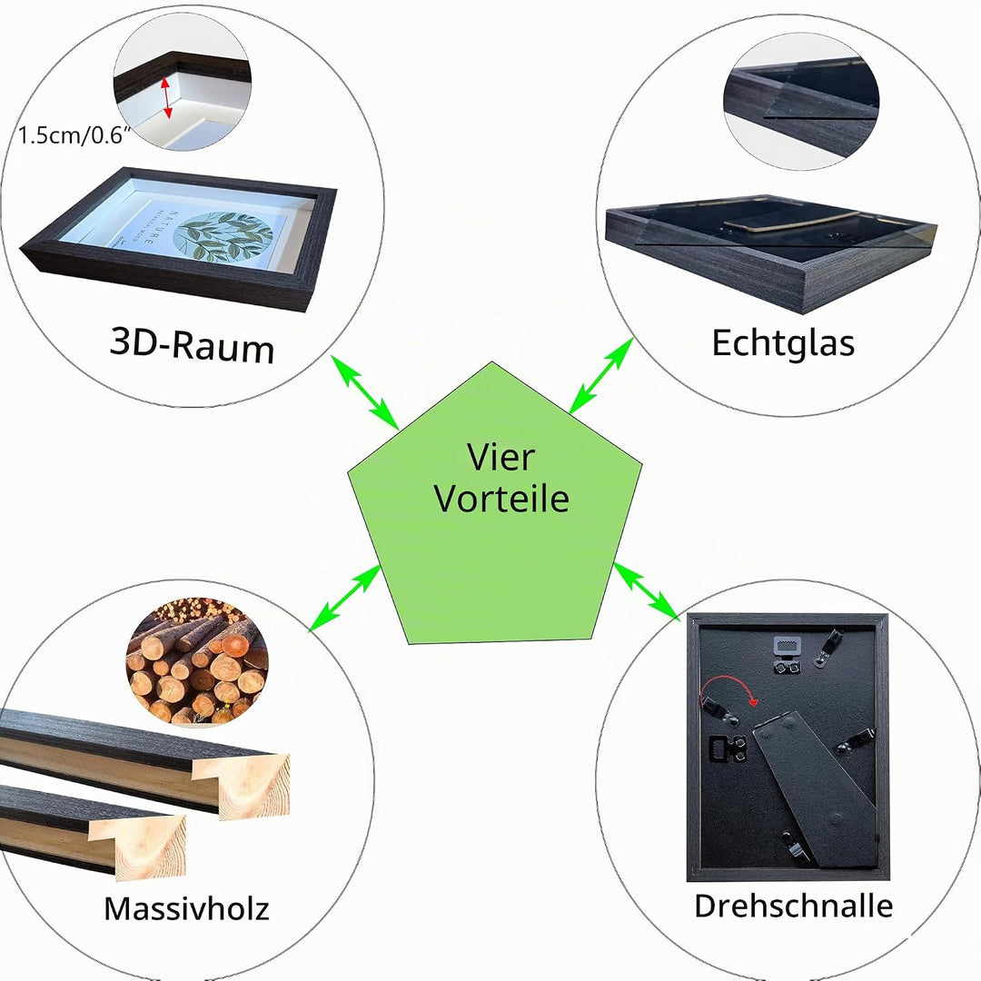 3D Bilderrahmen zum Befüllen Bilderrahmen Holz 13x18cm 2 Pack Schwarz Fotorahmen aus Massivholz und