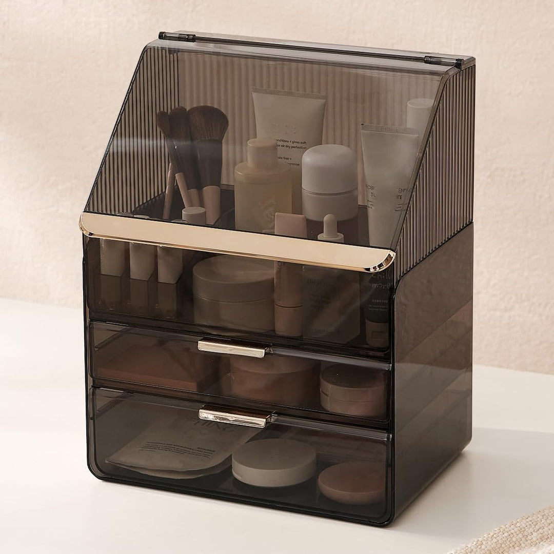 Grosse Make-up-Aufbewahrungsbox, 3-stöckig – Kosmetik-Organizer für die Theke mit Deckel, Schminktis