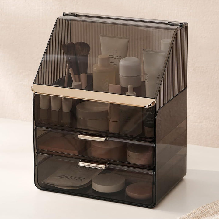 Grosse Make-up-Aufbewahrungsbox, 3-stöckig – Kosmetik-Organizer für die Theke mit Deckel, Schminktis