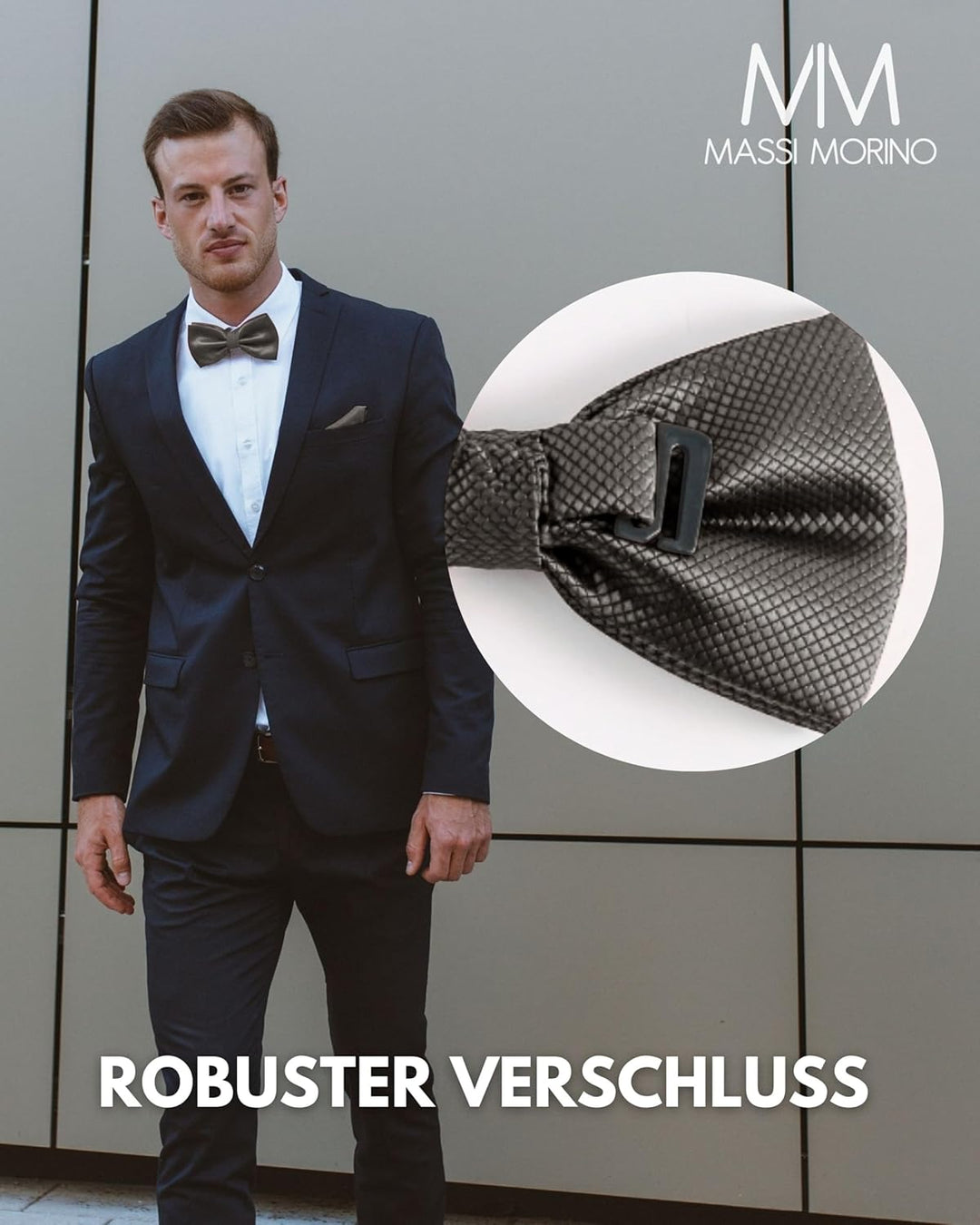 Massi Morino Fliege mit Einstecktuch für Herren Set - Anzug Herrenfliege zur Hochzeit - Verstellbare
