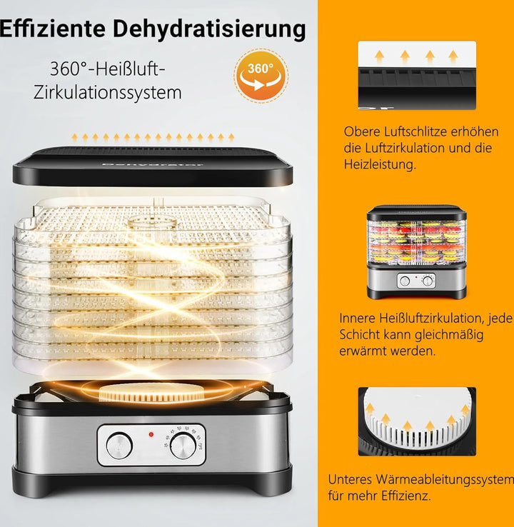 Dörrautomat Edelstahl, Dörrapparat Dehydrator Dörrgerät mit 8 Einlegefächer, Temperaturregelung 35-7
