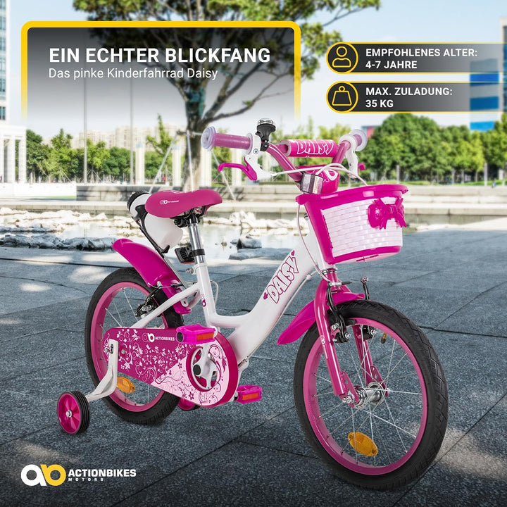 Actionbikes Kinderfahrrad Daisy | 12 Zoll / 16 Zoll / 20 Zoll - V-Brake Bremsen - Schutzblech v. und