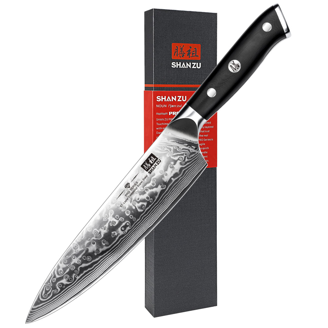 SHAN ZU Damastmesser Kochmesser 67 Schichten Damaststahl Küchenmesser mit G10 Griff 20CM - PRO Serie