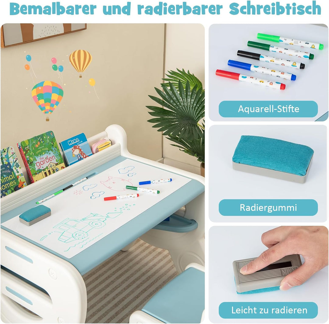 COSTWAY Kinder Sitzgruppe mit höhen- und neigungsverstellbarer Tischplatte, Kinder Tisch mit Hocker,