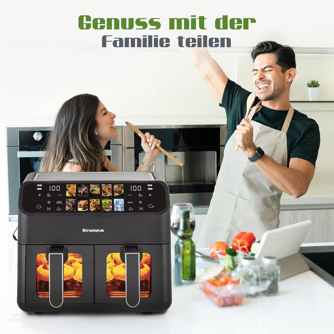 Heissluftfritteuse 2000W mit zwei Kammern 9L, Airfryer mit 10 Programme und LED-Touchscreen, Frittie