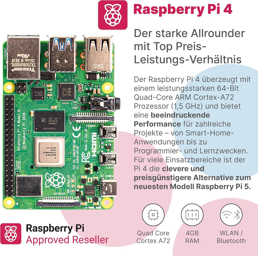 Raspberry Pi 4 Starterkit (4 GB RAM) Komplett-Set von BerryBase, MicroSD-Karte mit Raspberry Pi OS,