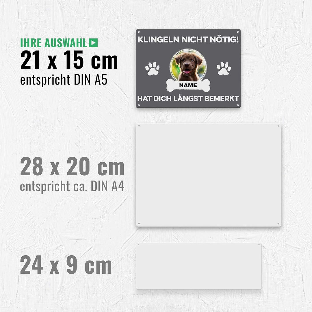 Hunde Schild personalisiert - Klingeln nicht nötig - Metallschild mit Foto und Name für aussen, wett