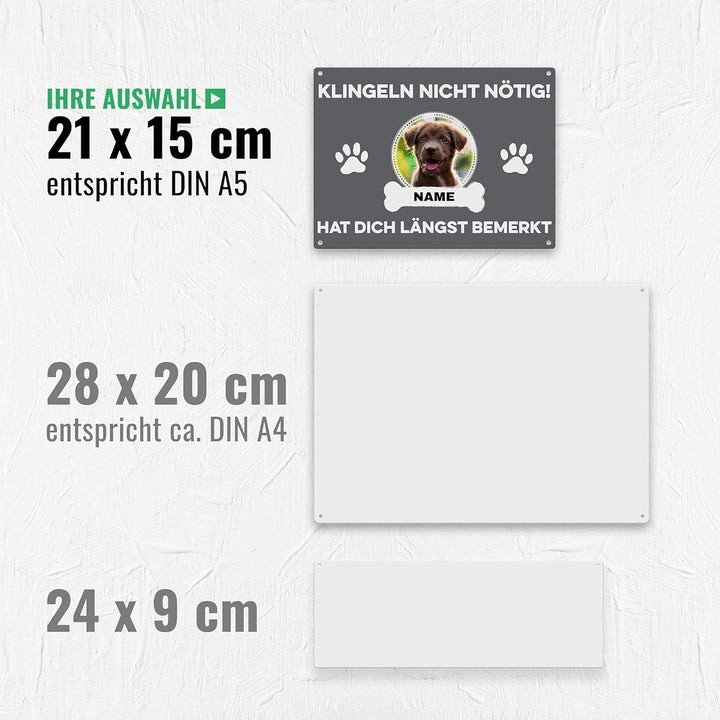 Hunde Schild personalisiert - Klingeln nicht nötig - Metallschild mit Foto und Name für aussen, wett