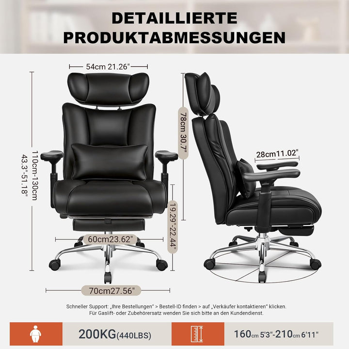 BASETBL Bürostuhl 200kg, 4D Armlehnen, Chefsessel mit 4-stufiger Gasdruckfeder, Verstellbarer Lenden