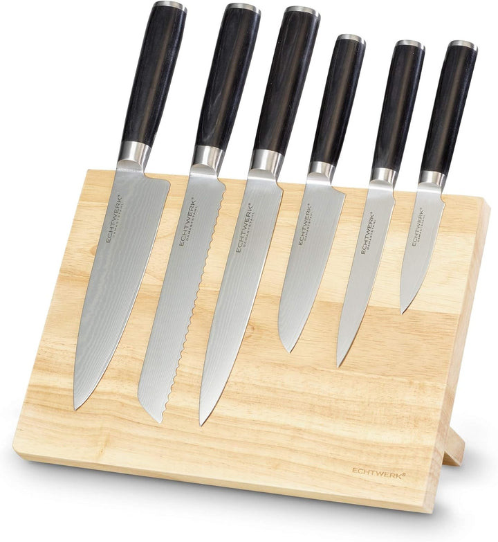 ECHTWERK Damastmesser Set 7tlg. Inkl. Magnet-Messerblock aus Holz & EW-DM-0360 Damastmesser Santokum