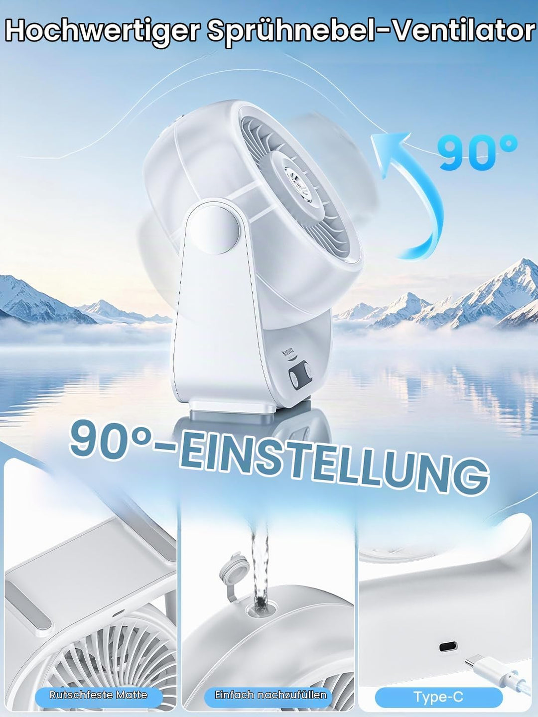 Kssvzz Tischventilator Leise mit Wasserkühlung - 5000mAh USB Ventilator Akku mit 5 Stufen, LED-Anzei
