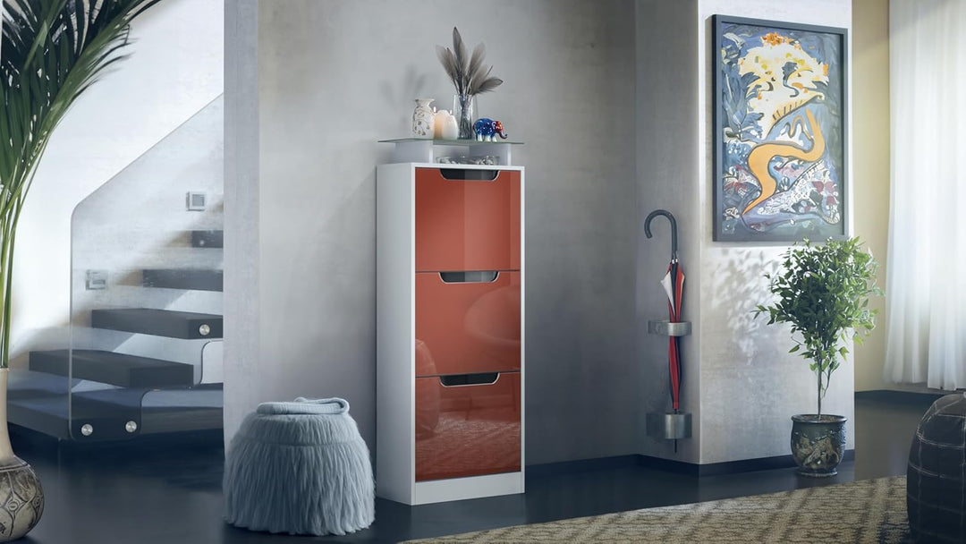 Vladon Schuhschrank Space V2, Schuhkipper für 12 Paar Schuhe mit 3 Klappen und Glasablage, Weiss mat
