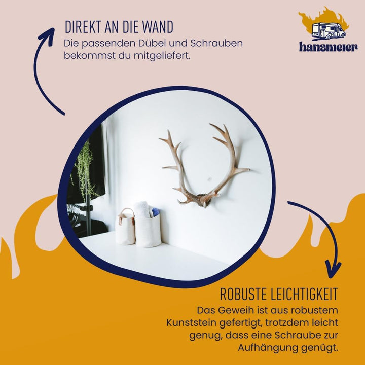 Hansmeier® Geweih Rustikal| Vintage-Natur | Für Innen, Aussen, Balkon & Garten | 54 x 40 x 14 cm | D