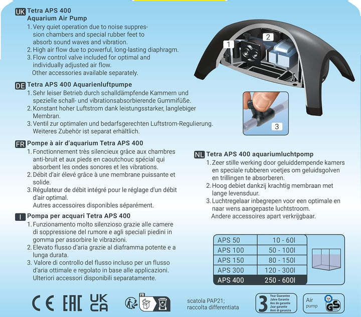 Tetra APS 400 Aquarium Luftpumpe - leise Membran-Pumpe für Aquarien von 250-600 L, schwarz Schwarz A