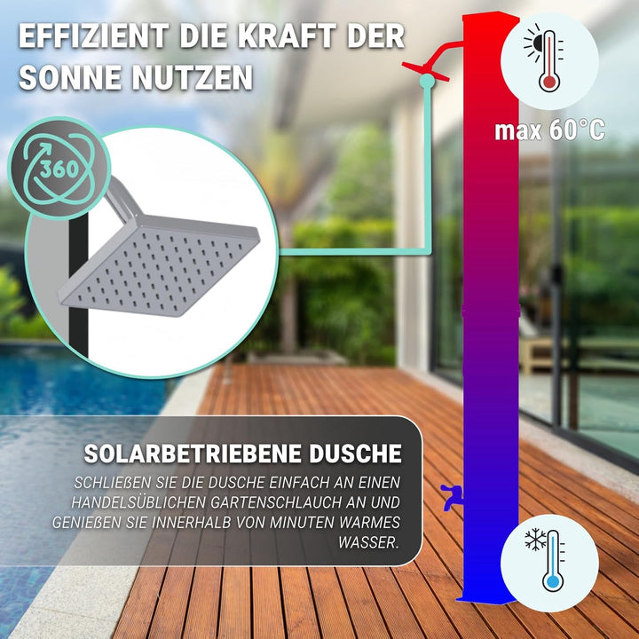 HAGO Solardusche | 40L | eckig | Schwarz/Silber | Pooldusche | Campingdusche | Gartendusche | Outdoo