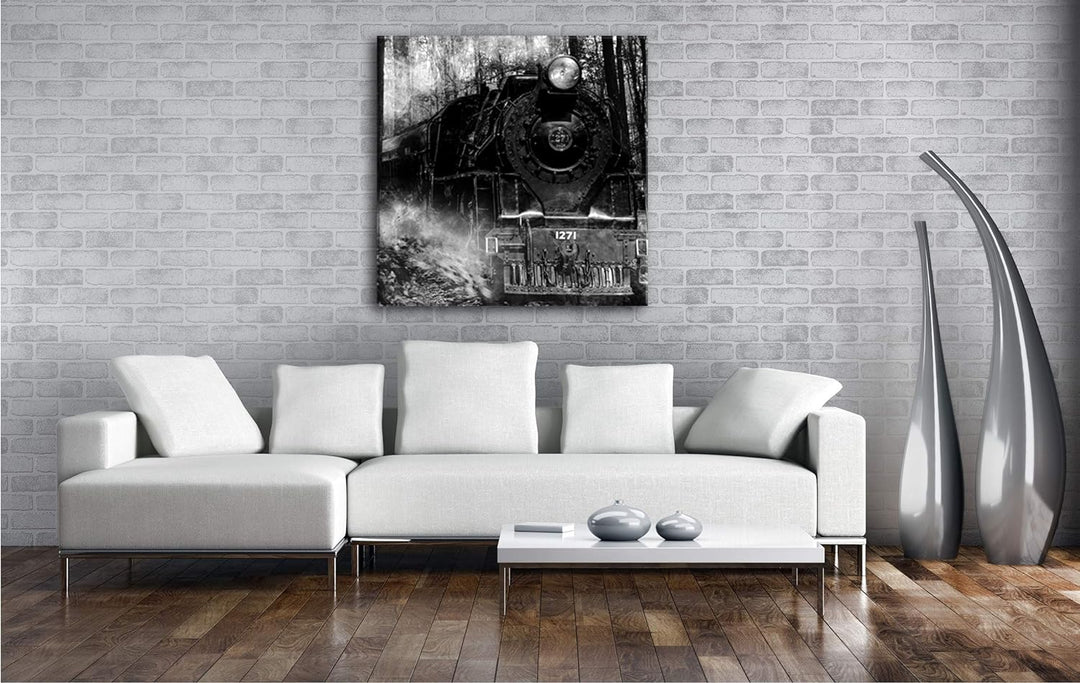 deyoli gewaltige Lokomotive im Wald im Format: 70x70 Effekt: Schwarz&Weiss als Leinwandbild, Motiv a