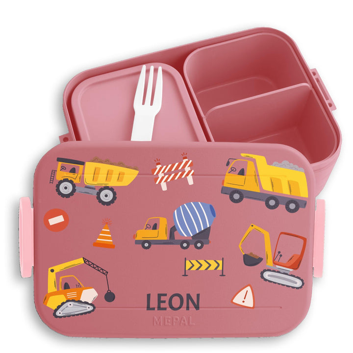 Kinder Bento Box Midi für Mepal Bentobox - Brotbox Bagger mit Name Lunchbox Baustelle Jausenbox Baus