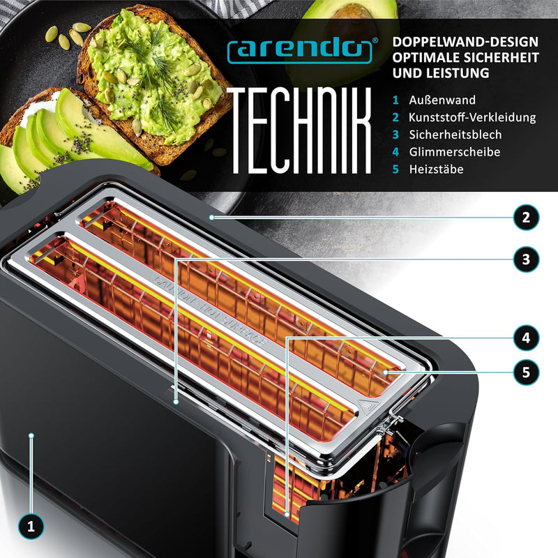 Arendo - Edelstahl Toaster Langschlitz 4 Scheiben - Touchscreen – Doppelwandgehäuse – Brötchenaufsat