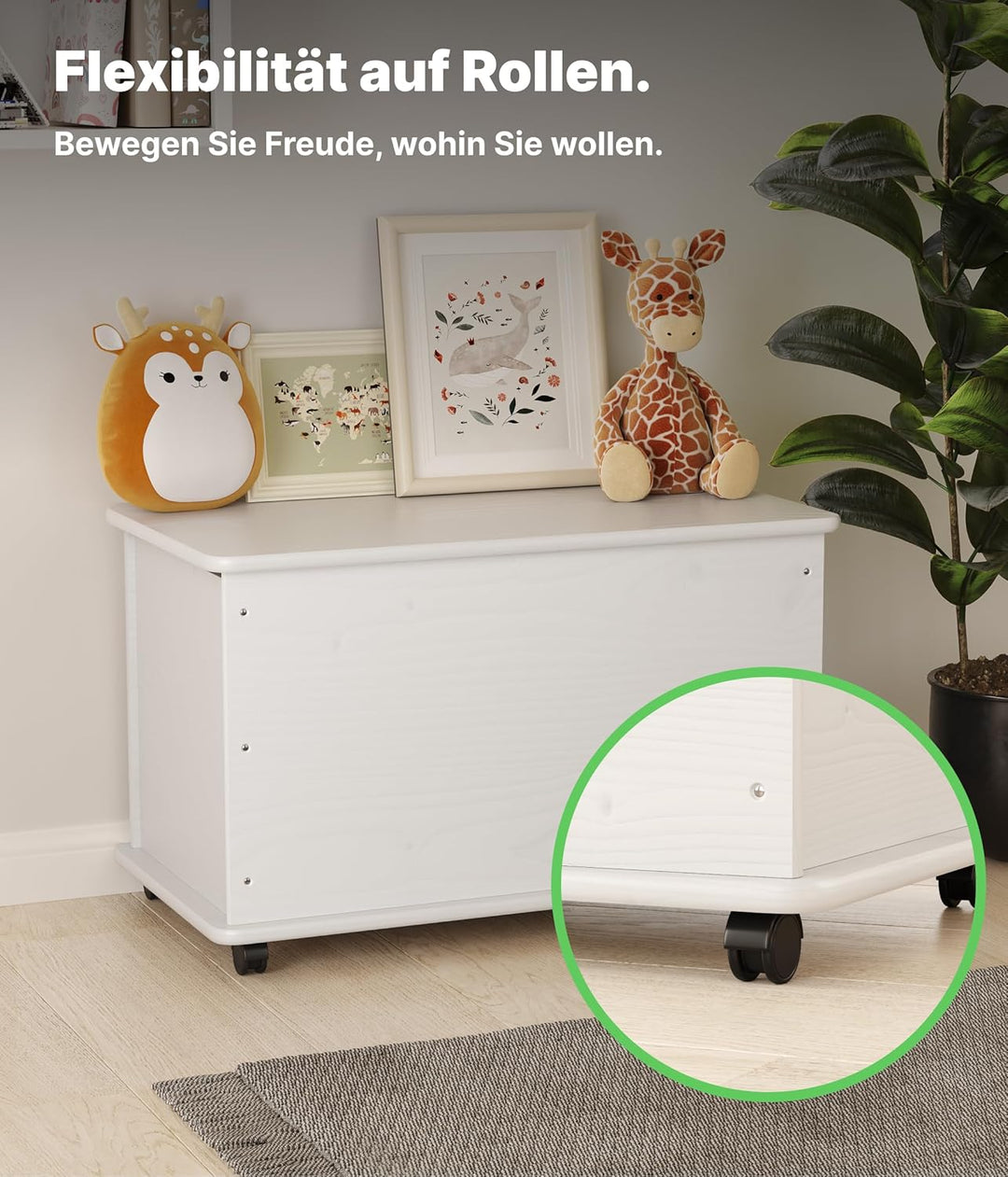 KMH grosse Spielzeugkiste auf Rollen VERONA aus massivem Pinienholz Weiss - Aufbewahrungsbox mit Dec