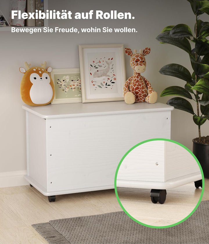 KMH grosse Spielzeugkiste auf Rollen VERONA aus massivem Pinienholz Weiss - Aufbewahrungsbox mit Dec