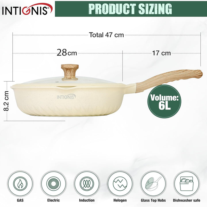 INTIGNIS Premium-Bratpfanne mit Deckel, Kratzfest, 28 cm, Extra Tief, Kompatibel mit allen Herdarten