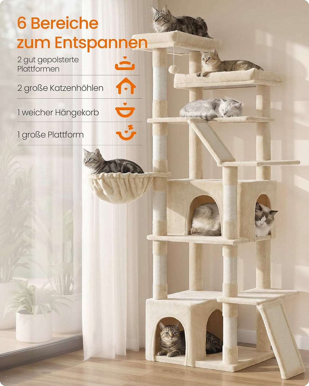 Feandrea Kratzbaum gross, 184,5 cm hoch, Katzenbaum, Katzenkratzbaum, mit 7 Kratzsäulen, 2 Kratzbret