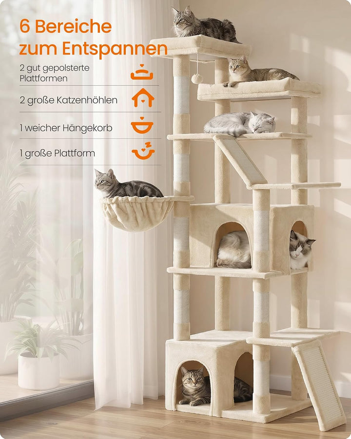 Feandrea Kratzbaum gross, 184,5 cm hoch, Katzenbaum, Katzenkratzbaum, mit 7 Kratzsäulen, 2 Kratzbret