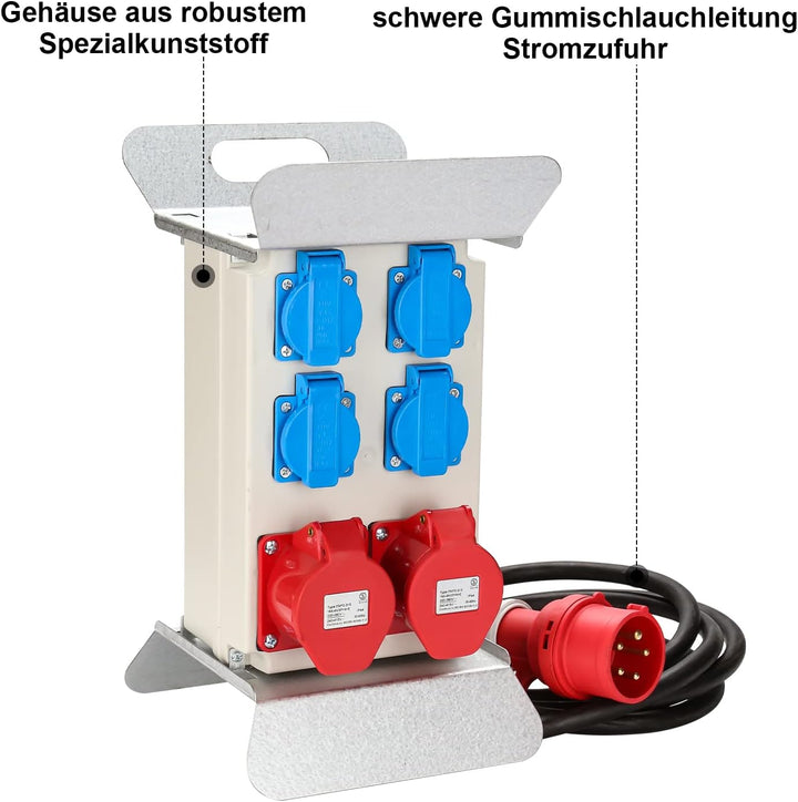 Fiqops Baustromverteiler 16a, Stromverteiler 4x230V+2x400V CEE, Wandverteiler mit LS-Schalter FI-Sch